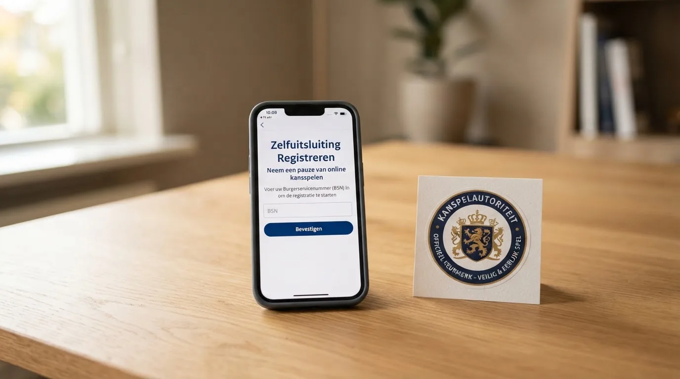Het logo van de Kansspelautoriteit naast een smartphone met het Cruks-registratiescherm