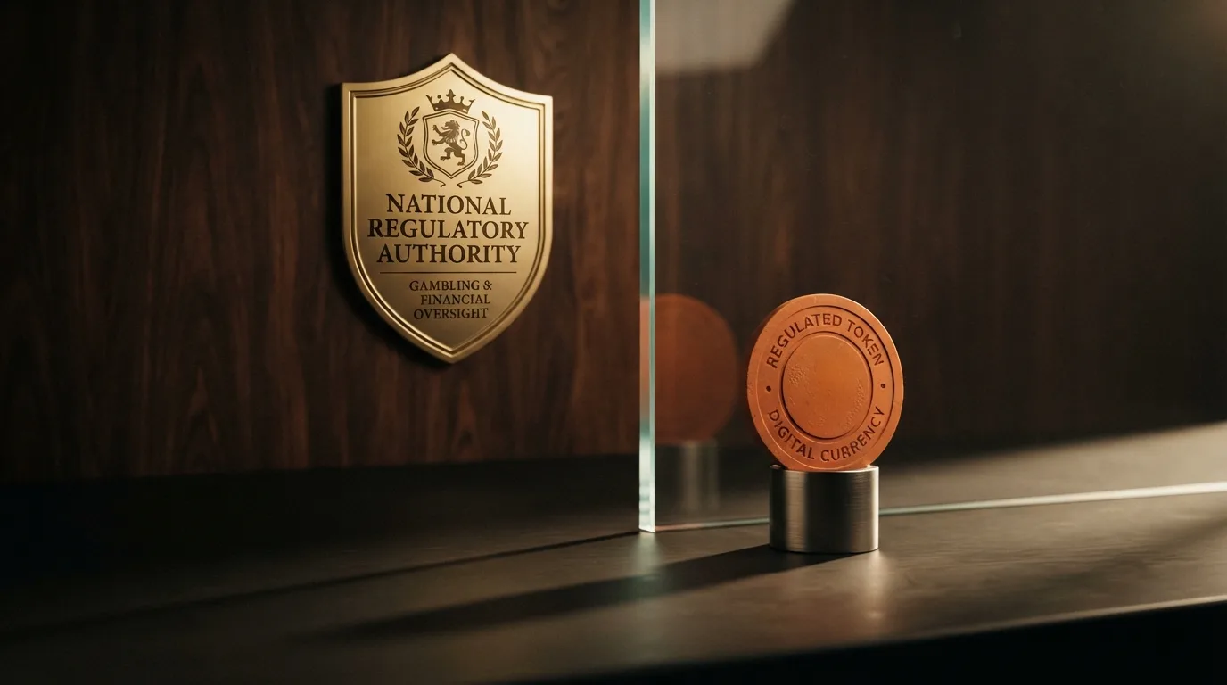 Het logo van de Kansspelautoriteit naast een Bitcoin-symbool met een duidelijk scheidingsteken ertussen