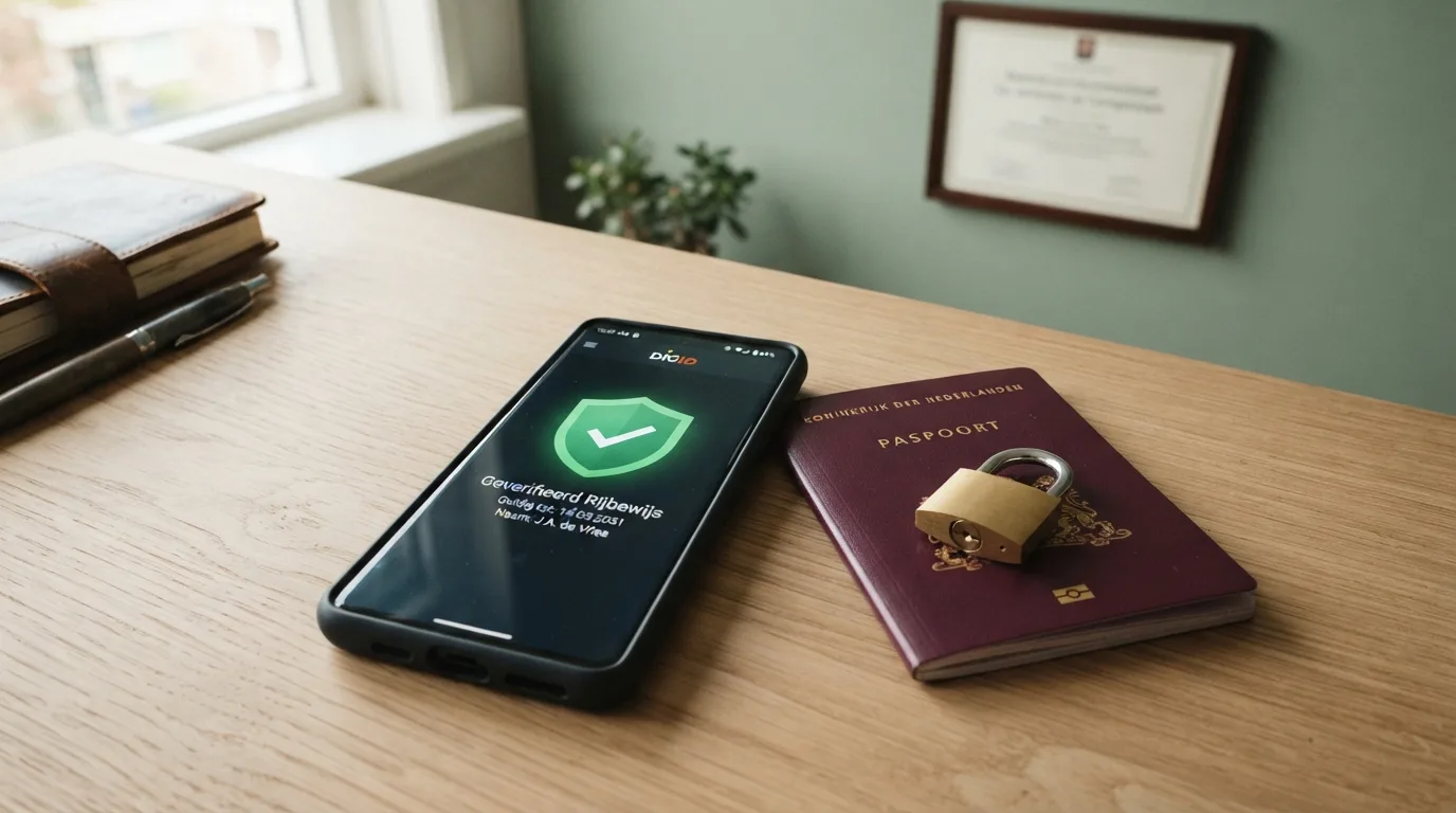 Het Ksa-logo op een smartphonescherm naast een slot op een Nederlands paspoort, tegen een rustige groene achtergrond