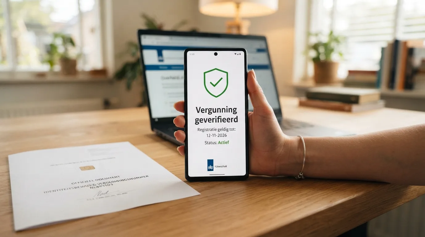 Het Ksa-keurmerk op een smartphone-scherm naast een Nederlandse identiteitskaart, met op de achtergrond het register van de Kansspelautoriteit