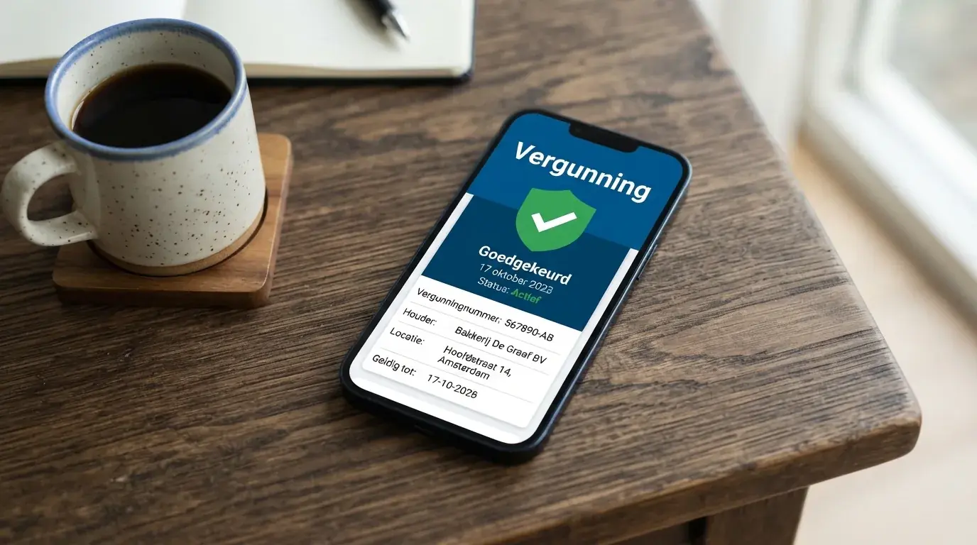 Het logo van de Kansspelautoriteit op een smartphone-scherm met een slot-pictogram en het woord 'Vergunning' in beeld