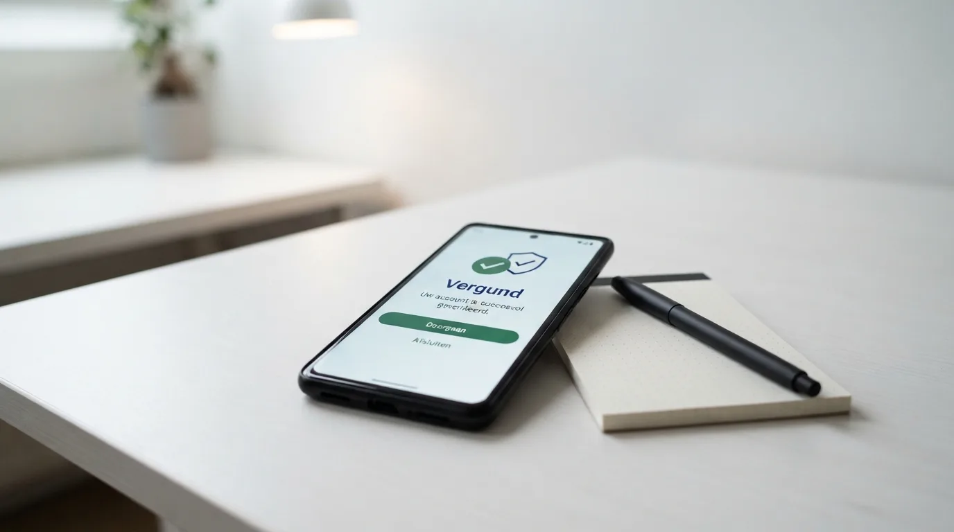 Een smartphone met een vergunningcontrole op het scherm en een vinkje bij een vergunde aanbieder