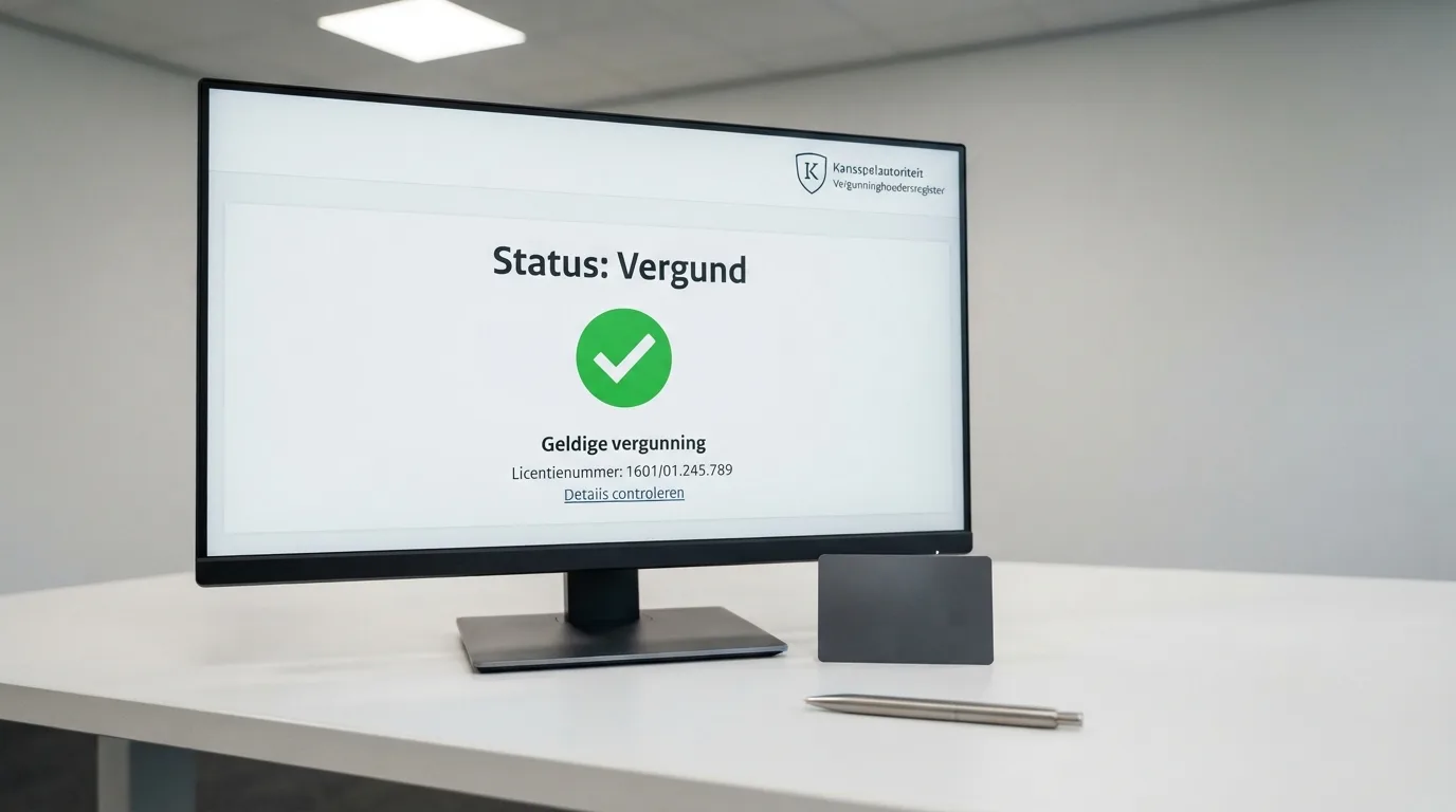 Het logo van de Kansspelautoriteit op een beeldscherm met daarnaast een creditcard en een vinkje