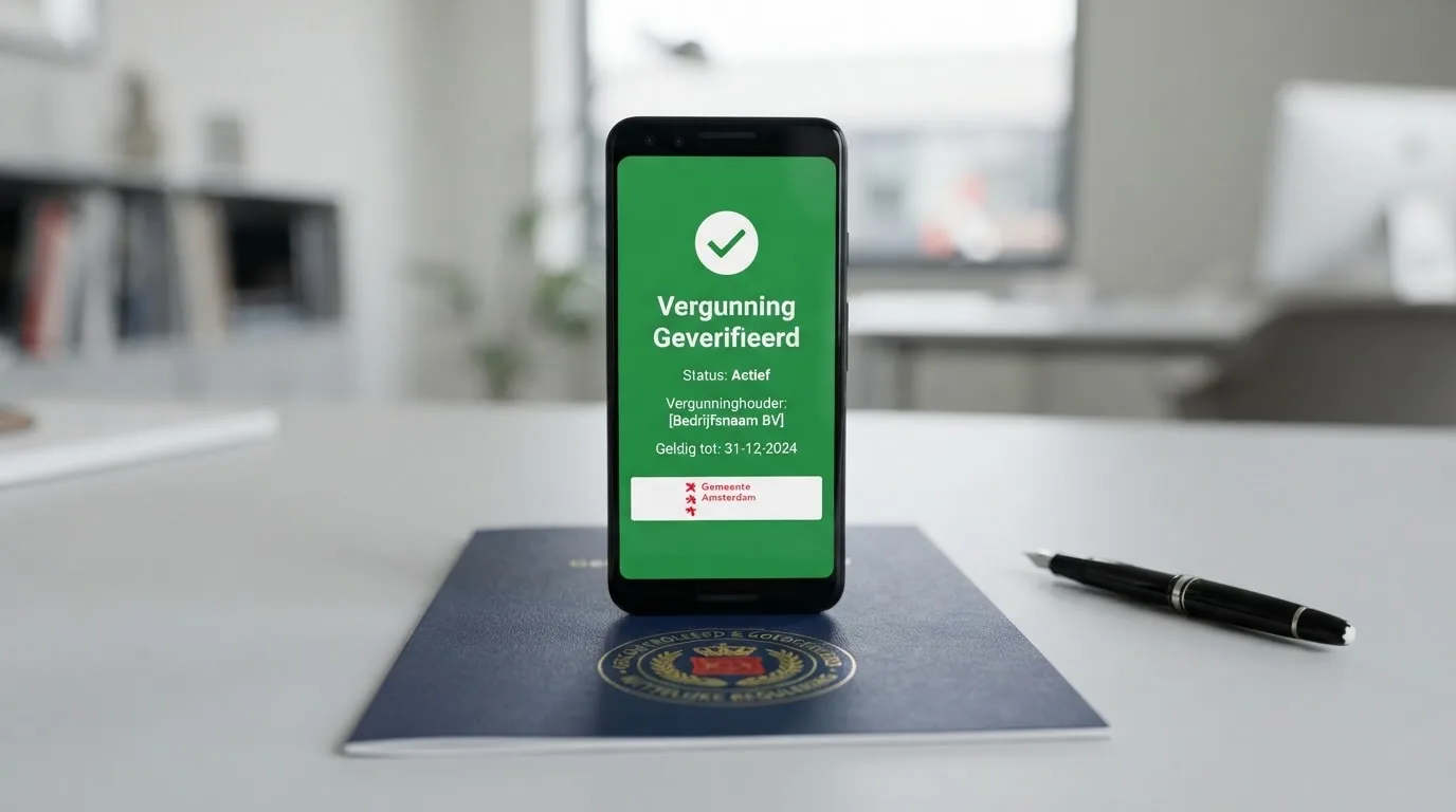 Het Kansspelautoriteit-logo naast een Android-scherm met een vergunningscontrole.