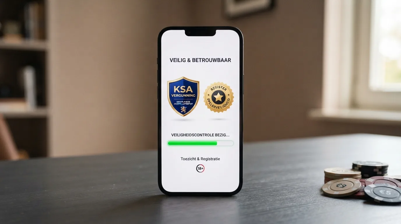 Smartphone met een Cruks-logo en een Ksa-vergunningsbadge op het scherm