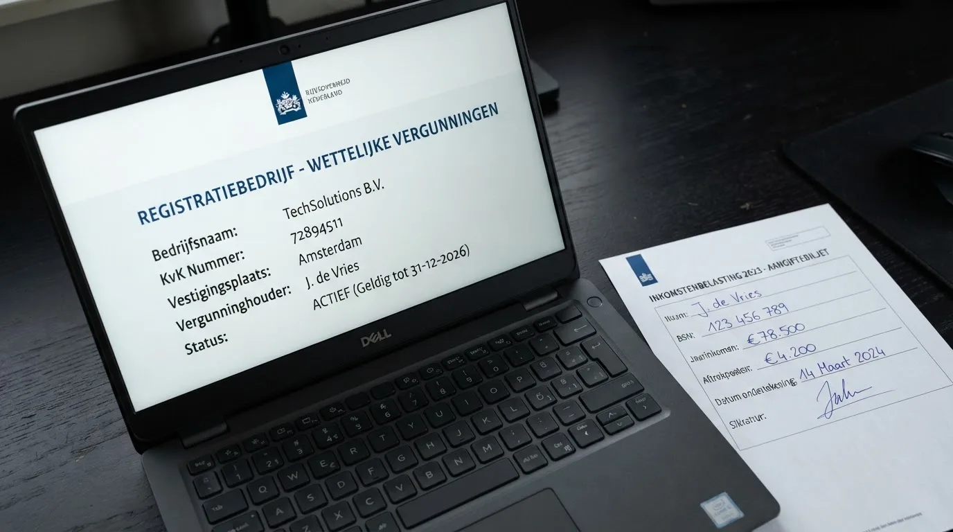 Het logo van de Kansspelautoriteit naast een scherm met Cruks-inschrijving en een belastingformulier