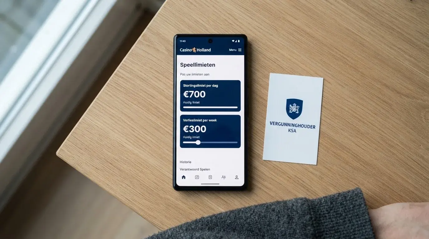 Een smartphone met een Nederlandse casino-app en daarnaast een scherm met speellimieten