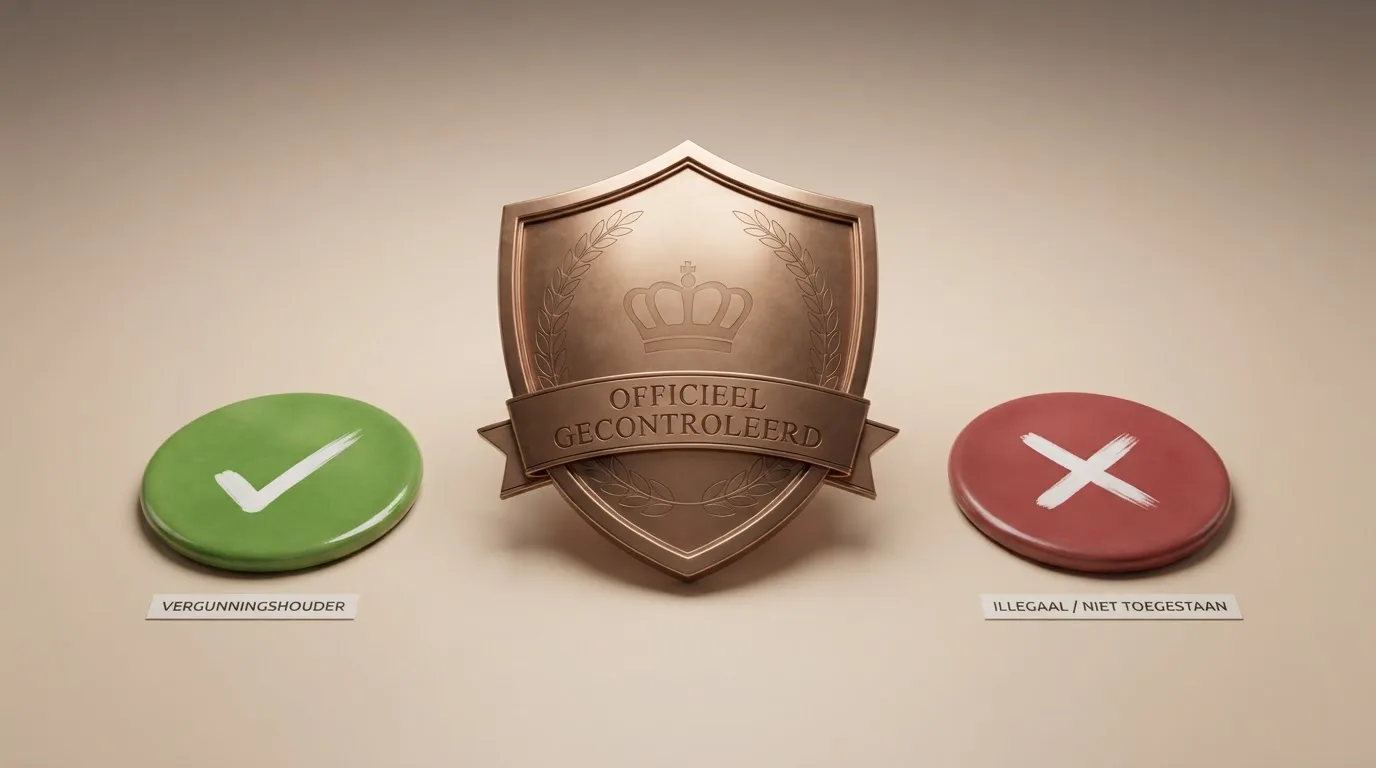 Het logo van de Kansspelautoriteit met een groen vinkje naast de tekst “Vergunde aanbieder”, daaronder een rood kruis naast “Geen Cruks-bescherming”