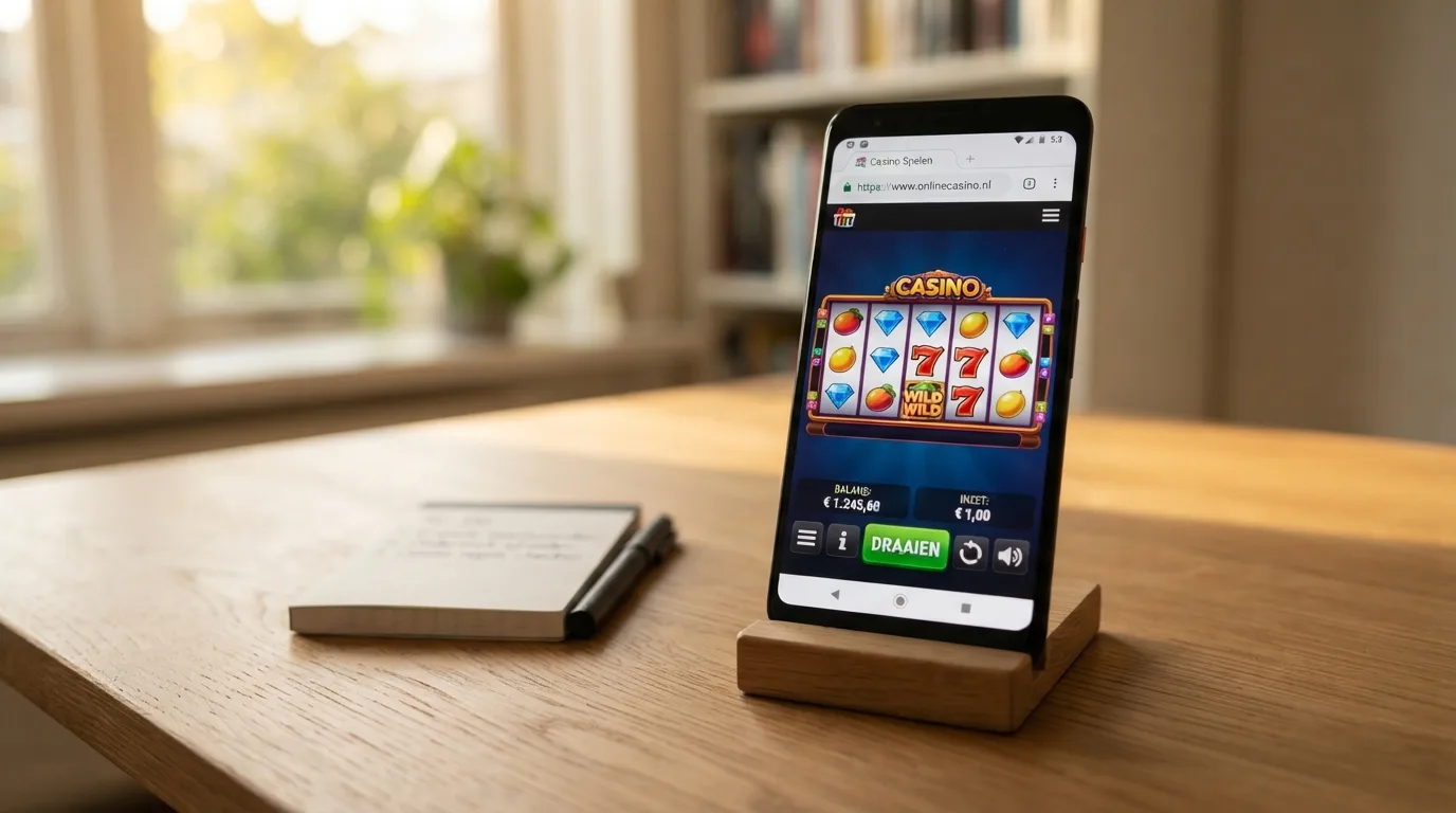 Het logo van de Kansspelautoriteit naast een smartphone die een casino-website toont met het slot-symbool van een beveiligde verbinding