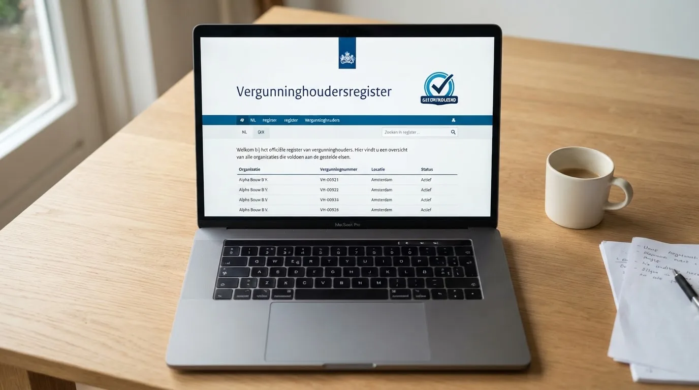 Het logo van de Kansspelautoriteit op een scherm met daaronder de tekst 'Vergunninghouders register' en een keurmerk-icoon