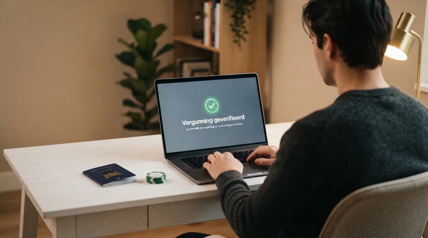 Een paspoort en laptop met daarop een casino-vergunning en het logo van de Kansspelautoriteit