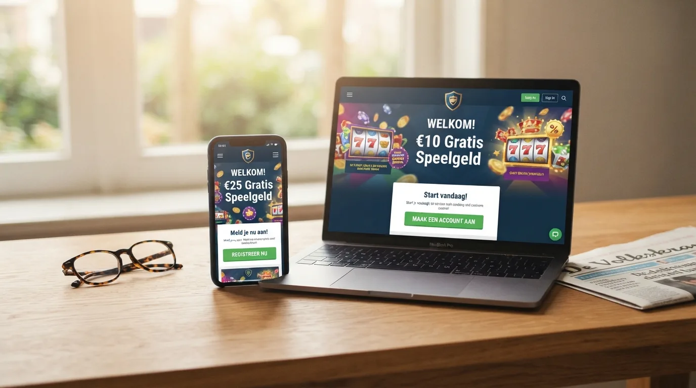 Overzichtelijke opstelling van smartphone en laptop met daarop de homepages van Kansino en One Casino — de twee enige aanbieders met een echte no deposit bonus in Nederland
