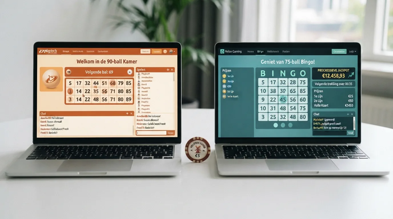 Twee bingokamer-interfaces naast elkaar vergeleken — links Winnitts Playtech-kamer met Nederlandse chathost, rechts Unibets Relax Gaming-omgeving met jackpot-teller