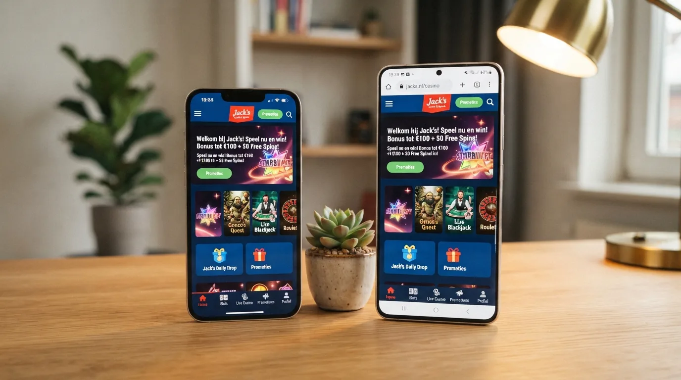 Een iPhone en een Android-telefoon naast elkaar, beide met hetzelfde Ksa-casino op het scherm — de een via de app, de ander via de browser