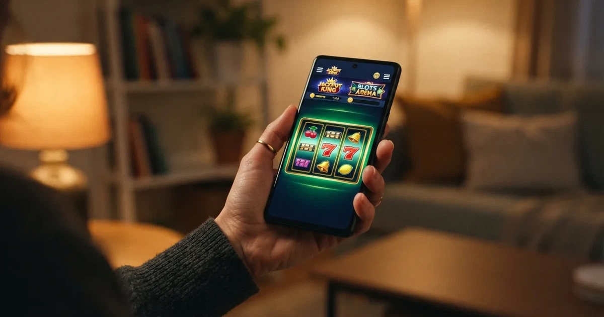 Een hand houdt een smartphone vast met een geopend mobiel casino en een rij gokkasten op het scherm
