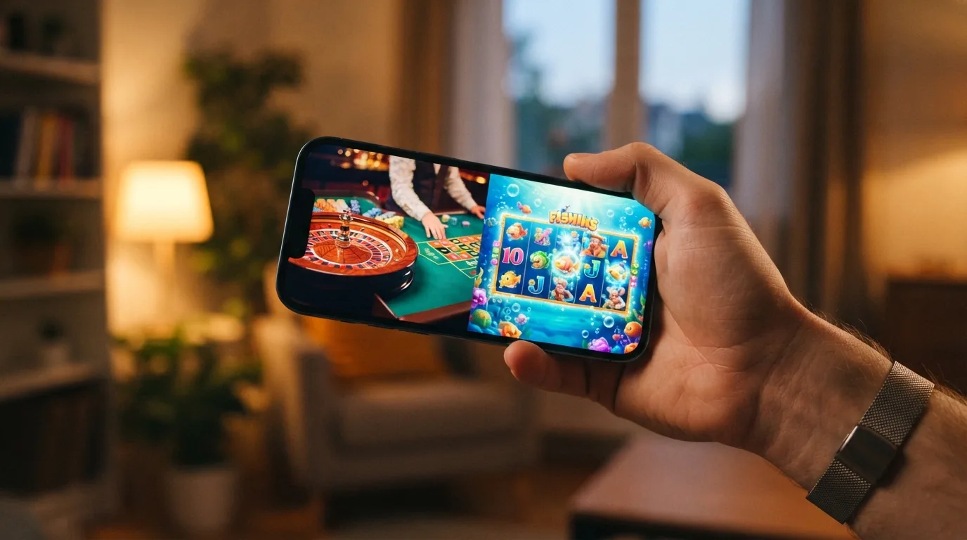 Een scherm met een live-dealertafel van Evolution naast een populaire slot als Big Bass Splash of Pirots 3, beide spelend op een mobiel toestel.
