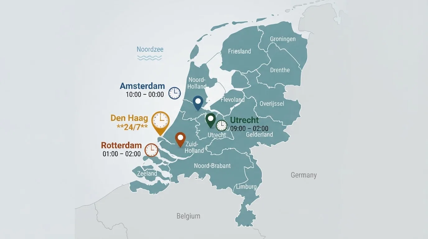 Een kaart van Nederland waarop Amsterdam, Rotterdam, Den Haag en Utrecht gemarkeerd zijn met klok-iconen die verschillende openingstijden aangeven