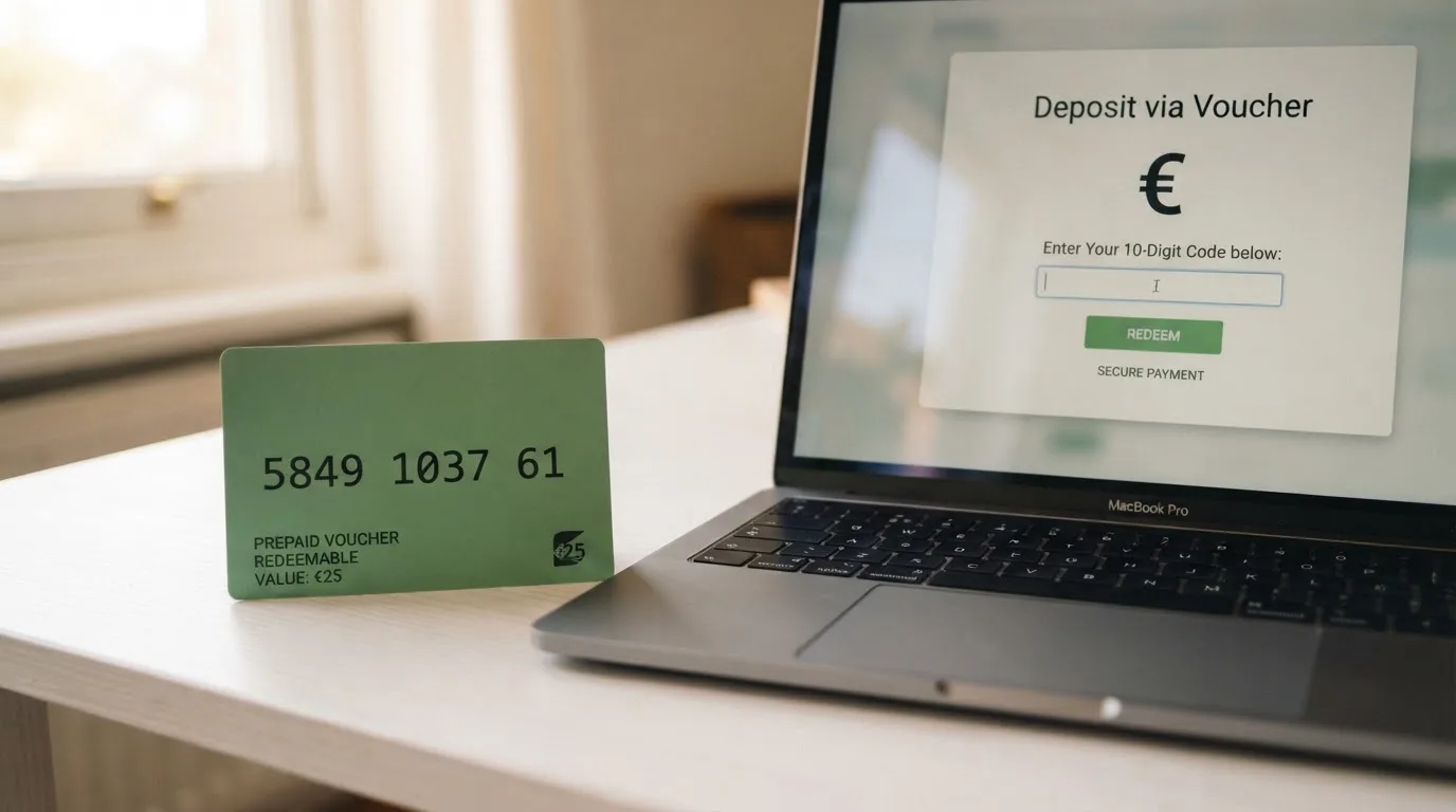 Een close-up van een Neosurf-voucher met de 10-cijferige code, naast een laptopscherm met een stortingspagina van een online casino