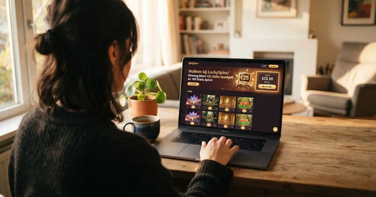 Een online casino lobby op een laptopscherm met een welkomstaanbieding voor gratis speelgeld zichtbaar in het Nederlands