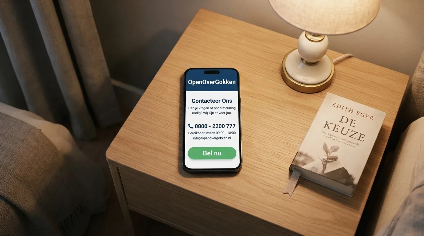 Telefoon met de contactpagina van een hulplijn voor gokproblemen