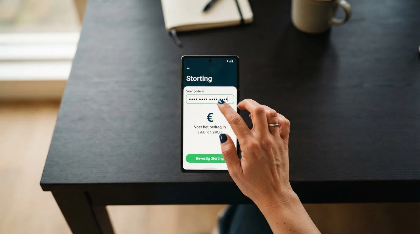 Een hand die een paysafecard-code intypt op de stortingspagina van een online casino