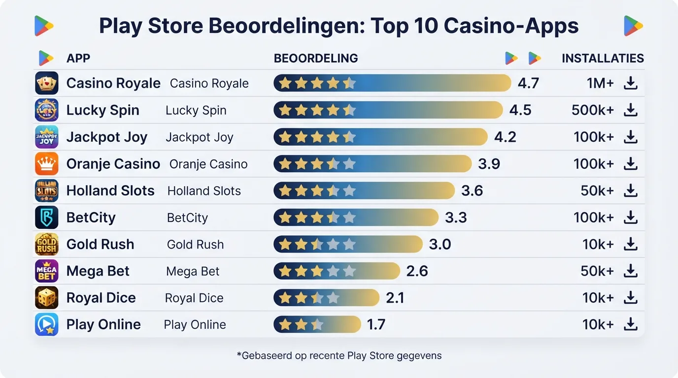Een tabel met Play Store-sterren en downloadaantallen van Nederlandse casino-apps.