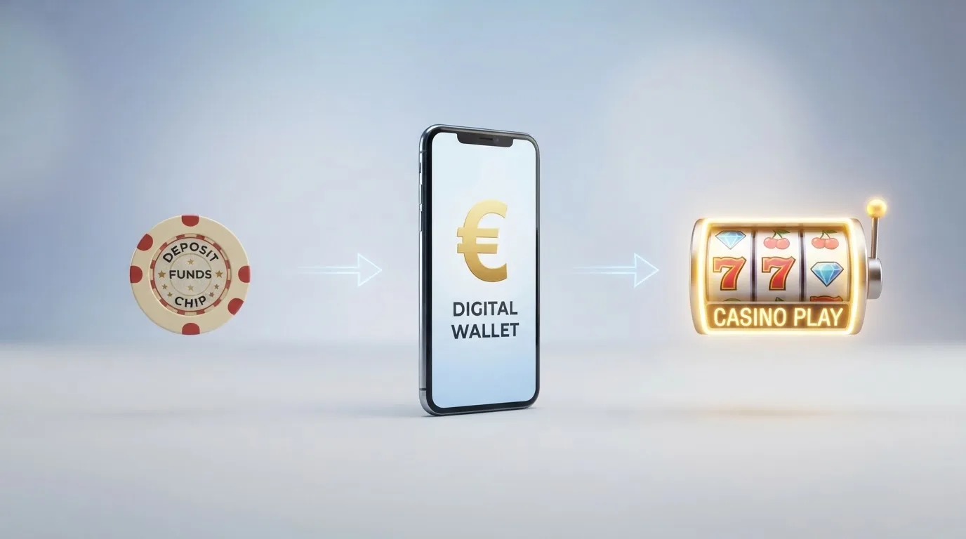 een stappenschema van bank naar ecoPayz-account naar online casino, met eurobiljetten als visueel motief
