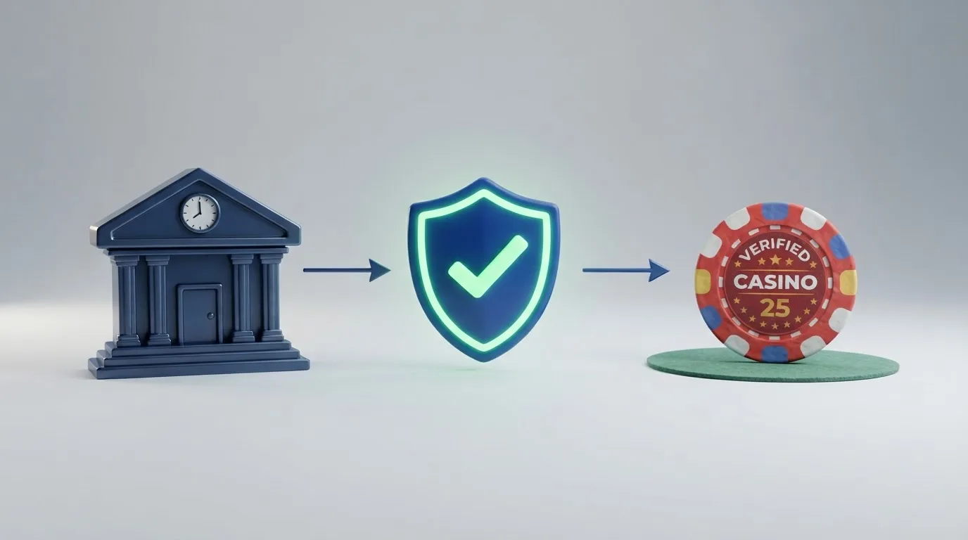Een schematische weergave van hoe Trustly als tussenlaag werkt: bank verifieert identiteit, casino ontvangt alleen bevestiging, speler kan direct spelen