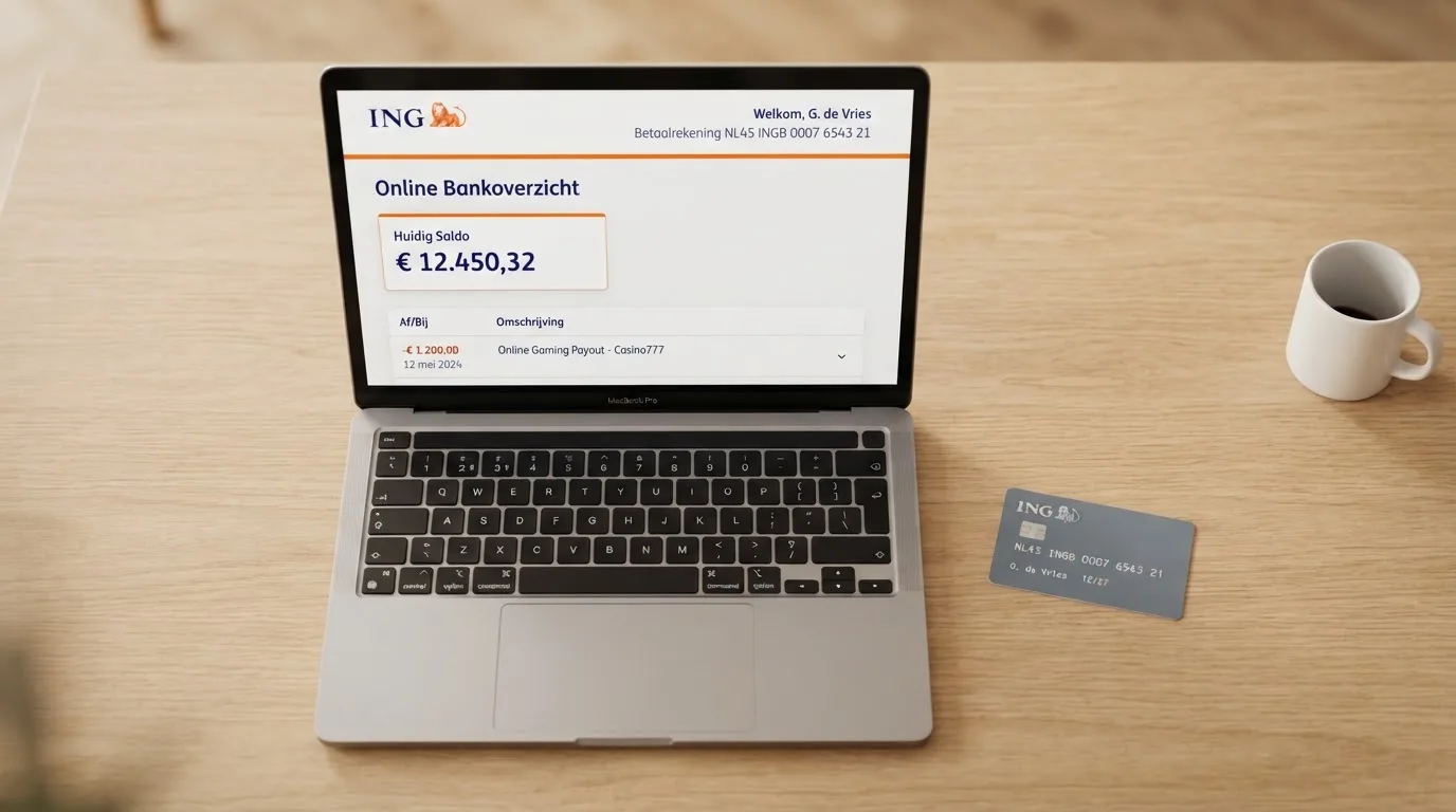 Een bankafschrift op een laptopscherm met een uitbetalingsbedrag van een online casino, terwijl een creditcard ongebruikt ernaast ligt